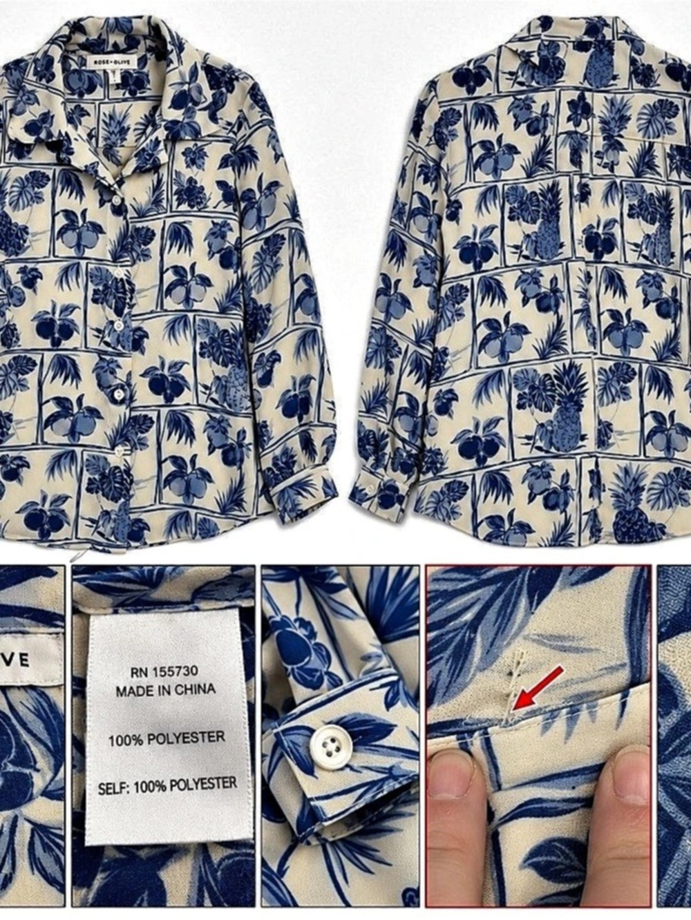 Rose + Olive Women’s XL Blue Cream Tropical Print Button Down Blouse Long Sleeve